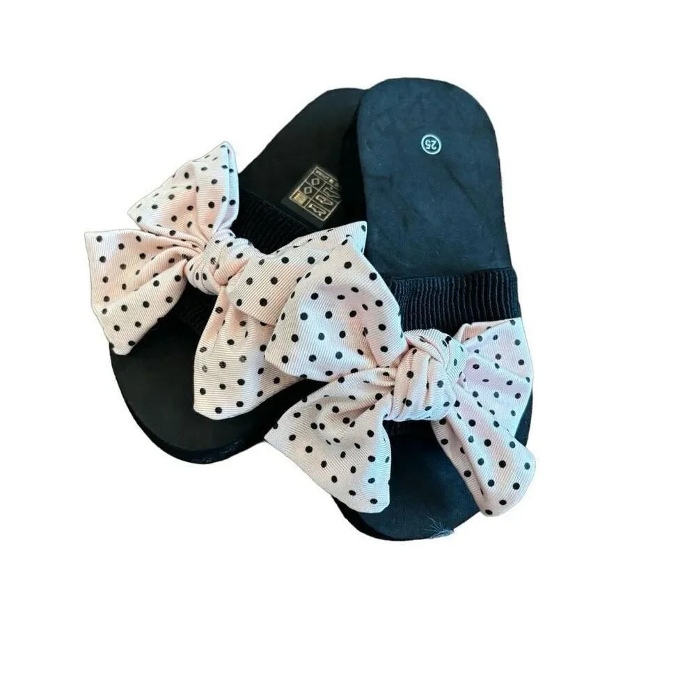 Girls Pink Polka Dot Bow Slide Sandals Size 9
